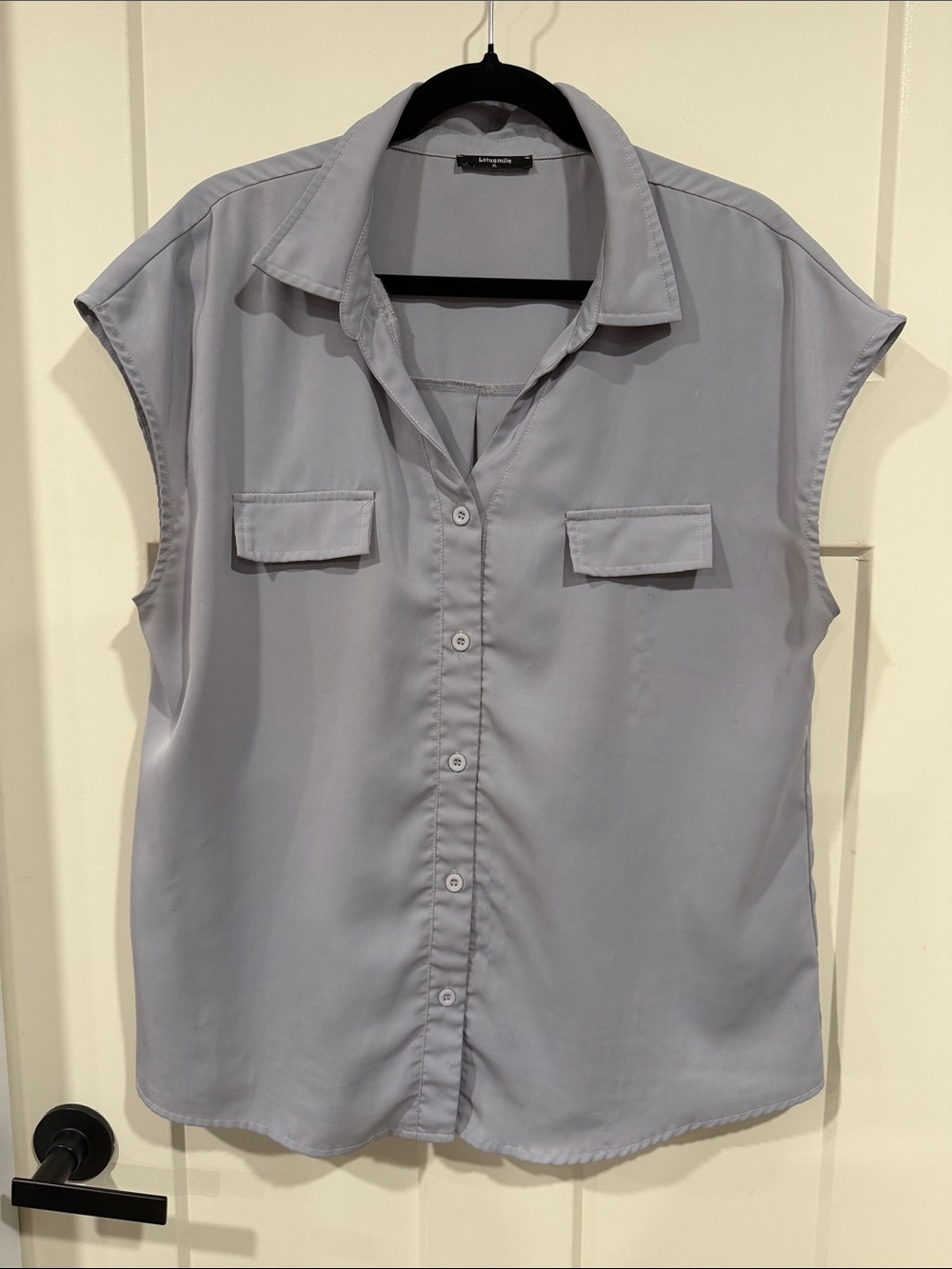 Light Gray Sleeveless Button-Down Shirt with Chest Pockets